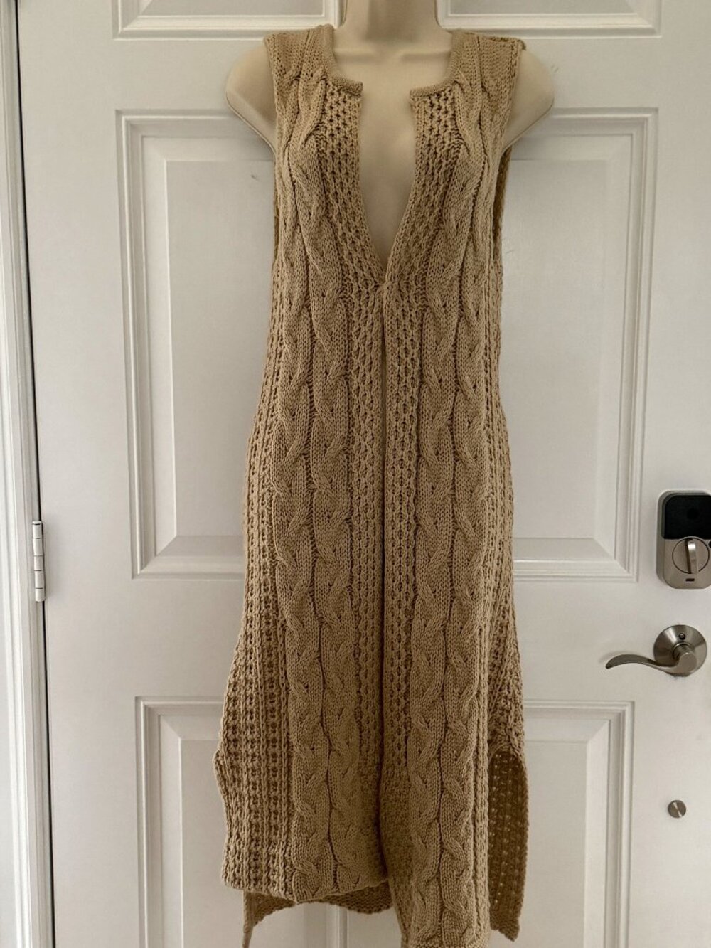 Long Tan Knitted Open Front Sweater by NY Collection